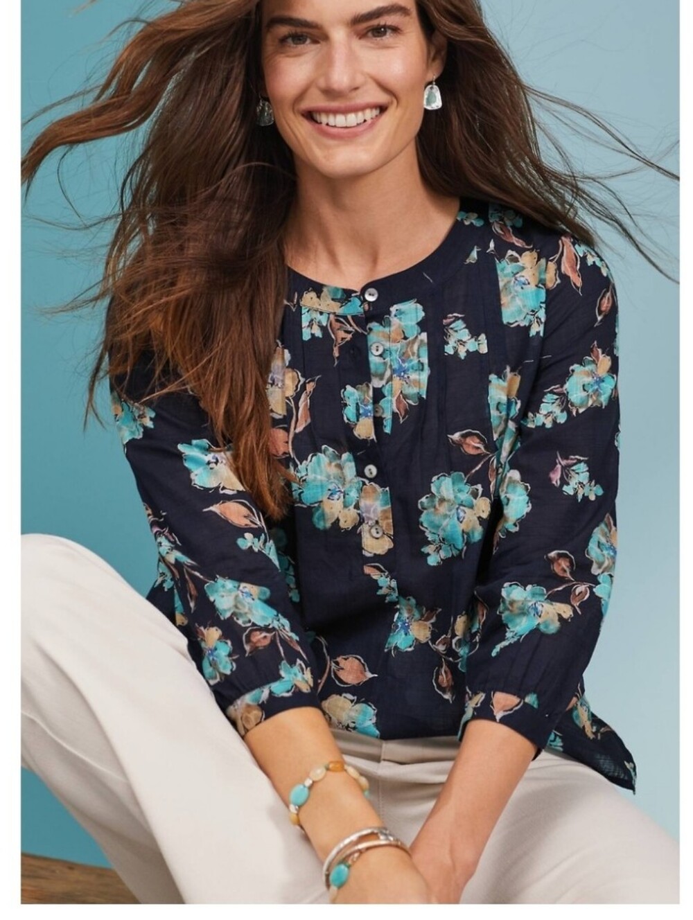 J. Jill Printed Cotton Pintuck Top In Navy Floral